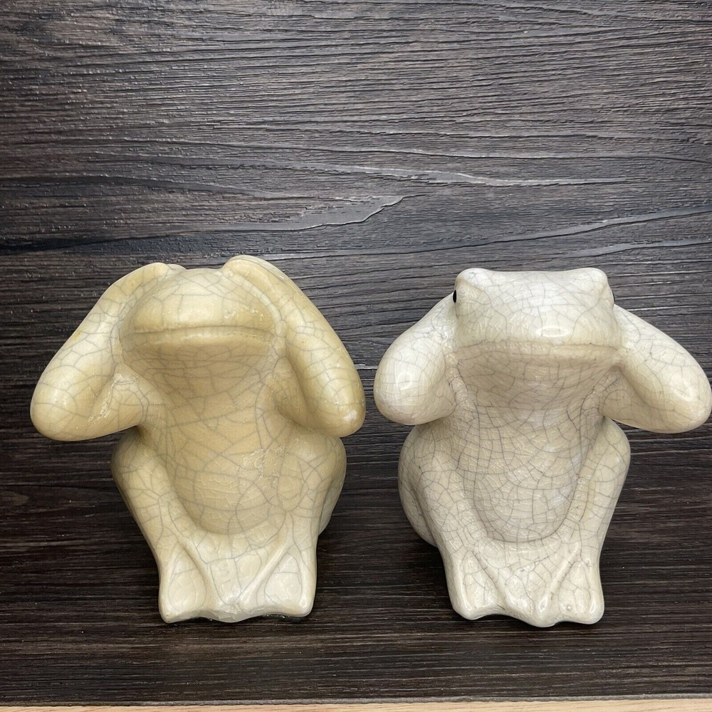 Ivory Crackle Hear See No Evil Frogs Statue‎ 4" Tall China Ceramic